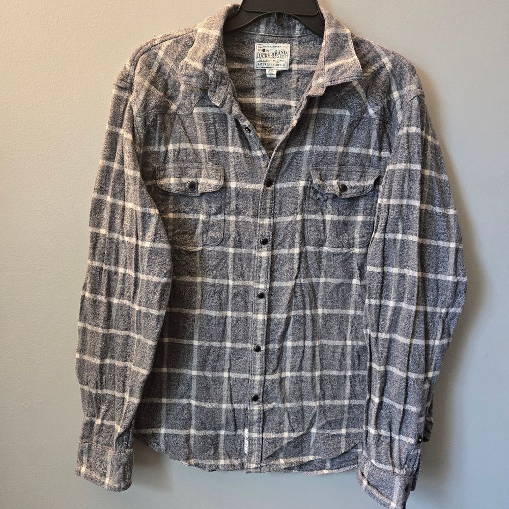 Lucky Brand Saturday Stretch Snap Western Plaid Flannel Shirt Men's Large Gray
